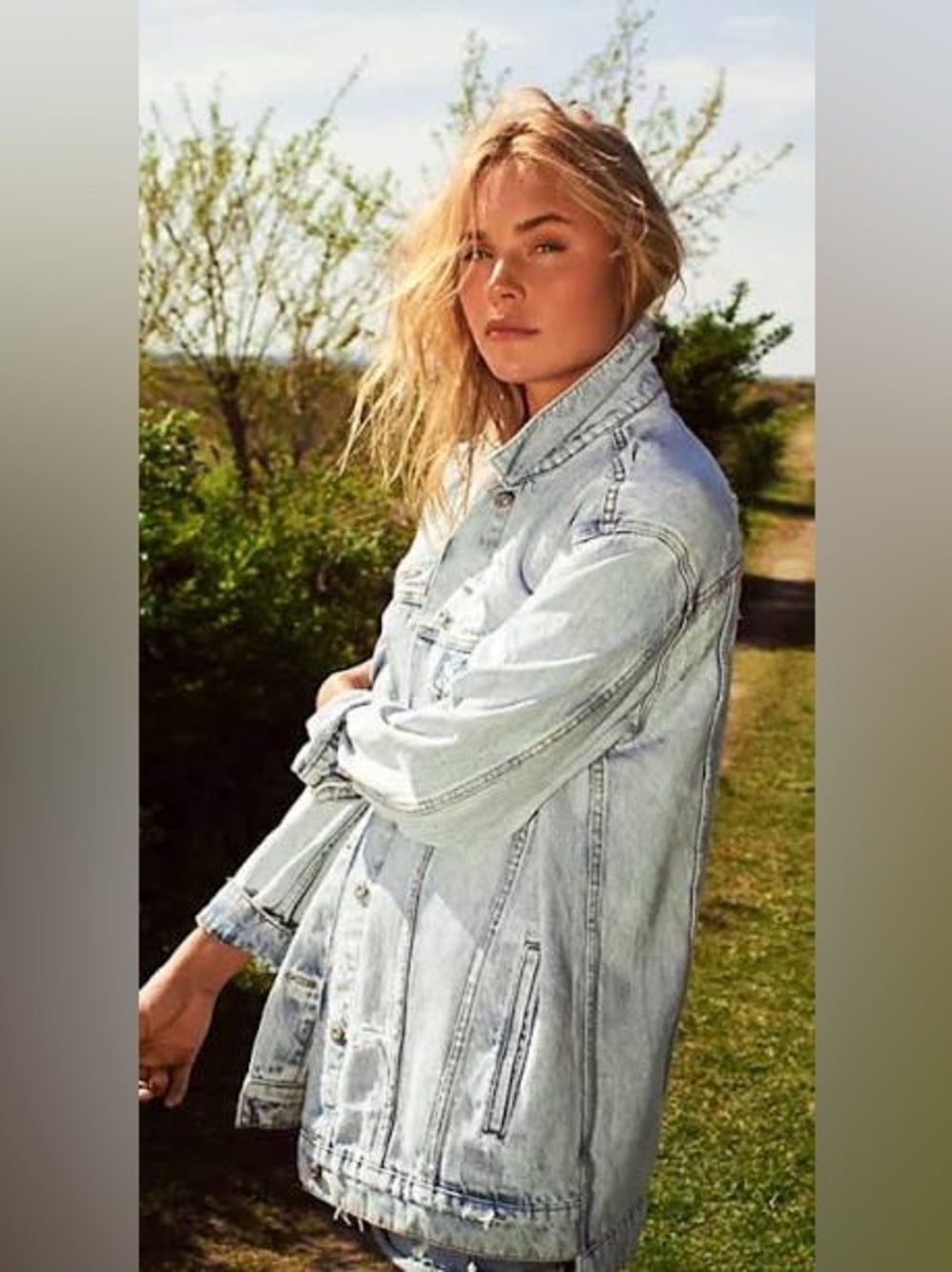 Free People Destroyed Oversized Light Blue Denim Jacket